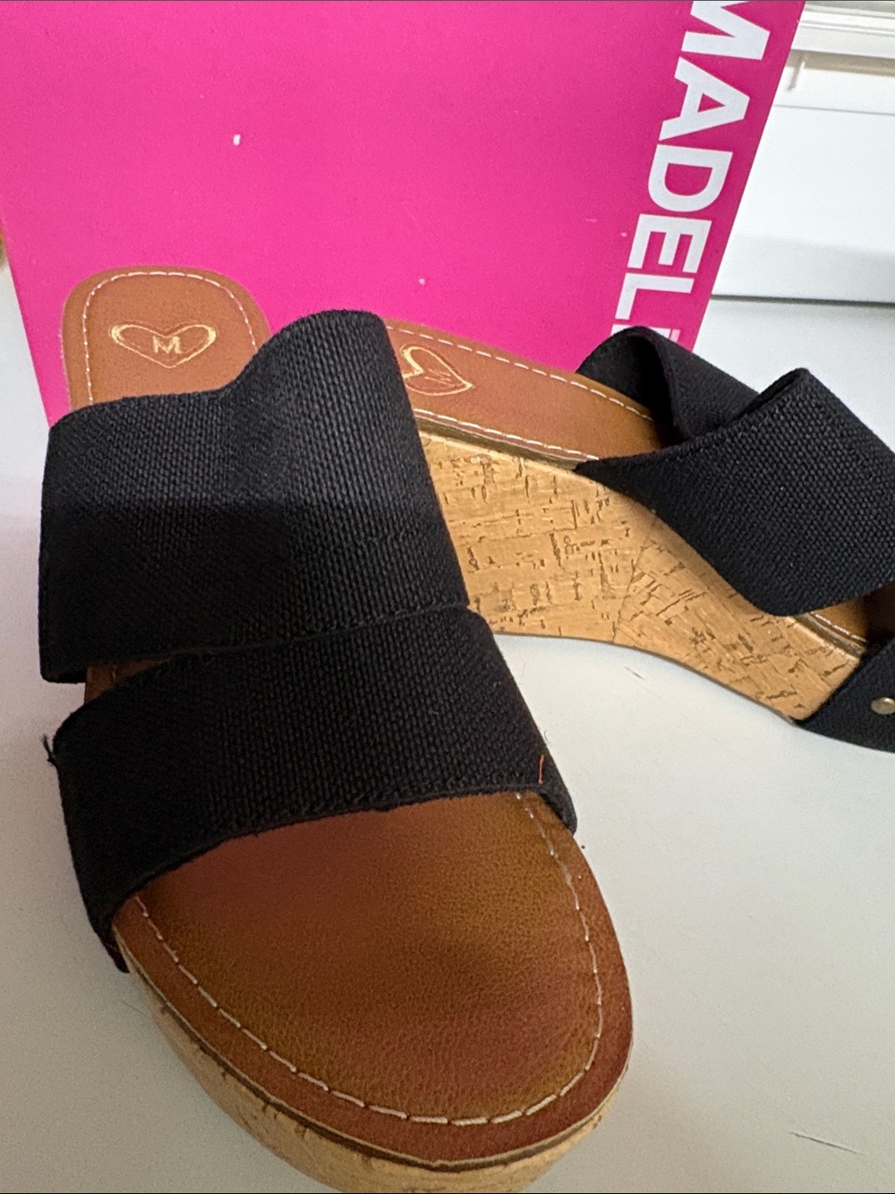 Madeline Black Elastic Crossover Cork Wedge Sandals